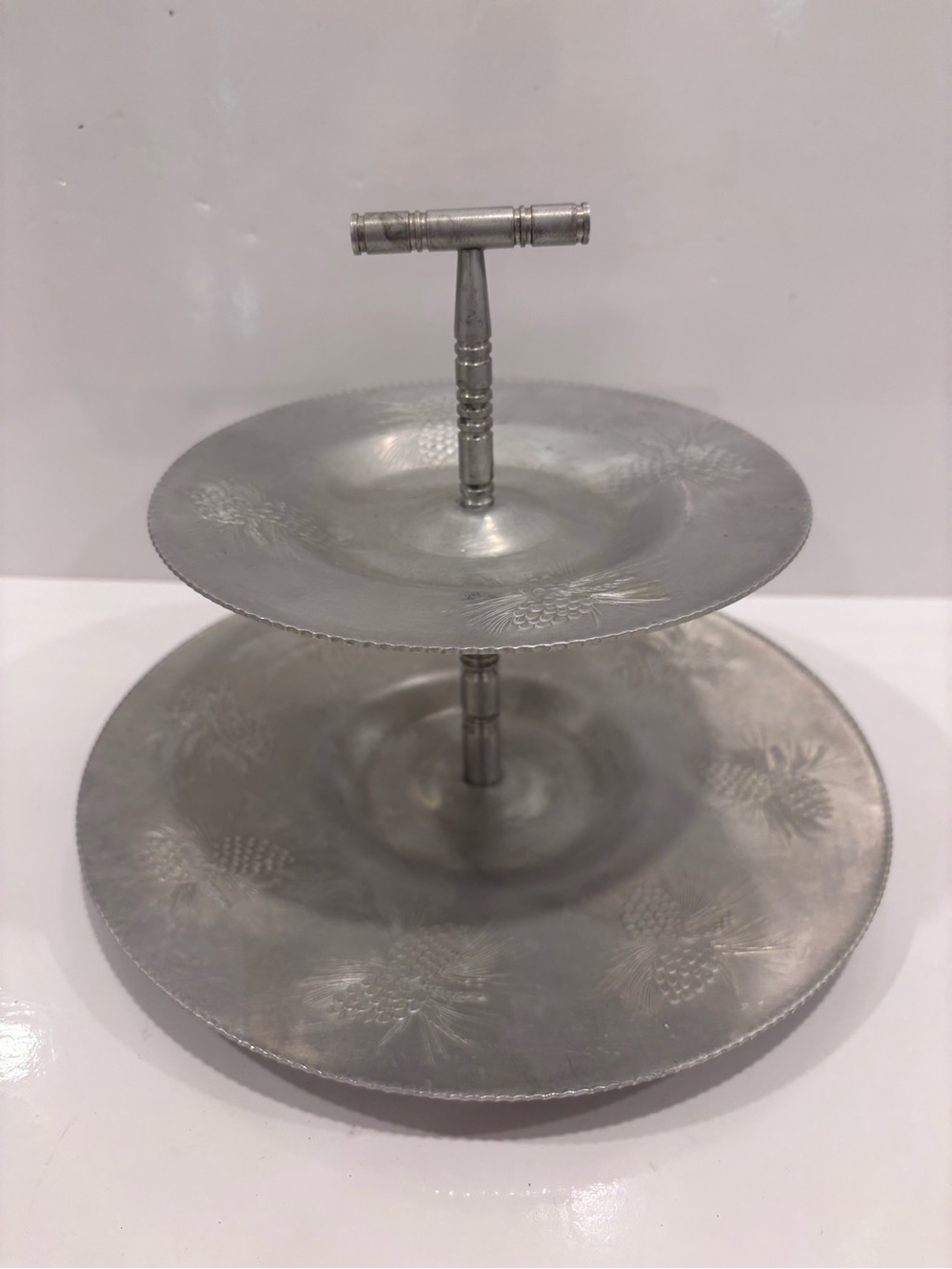 Vintage 2 tiered Canadian pewter hammered aluminum pine cone tidbit tray